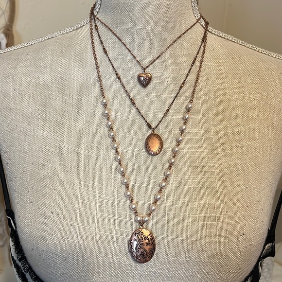 Vintage Rose Gold Multi Strand Locket Pendant Necklace with Pearls /Rose Gold - Picture 2 of 10